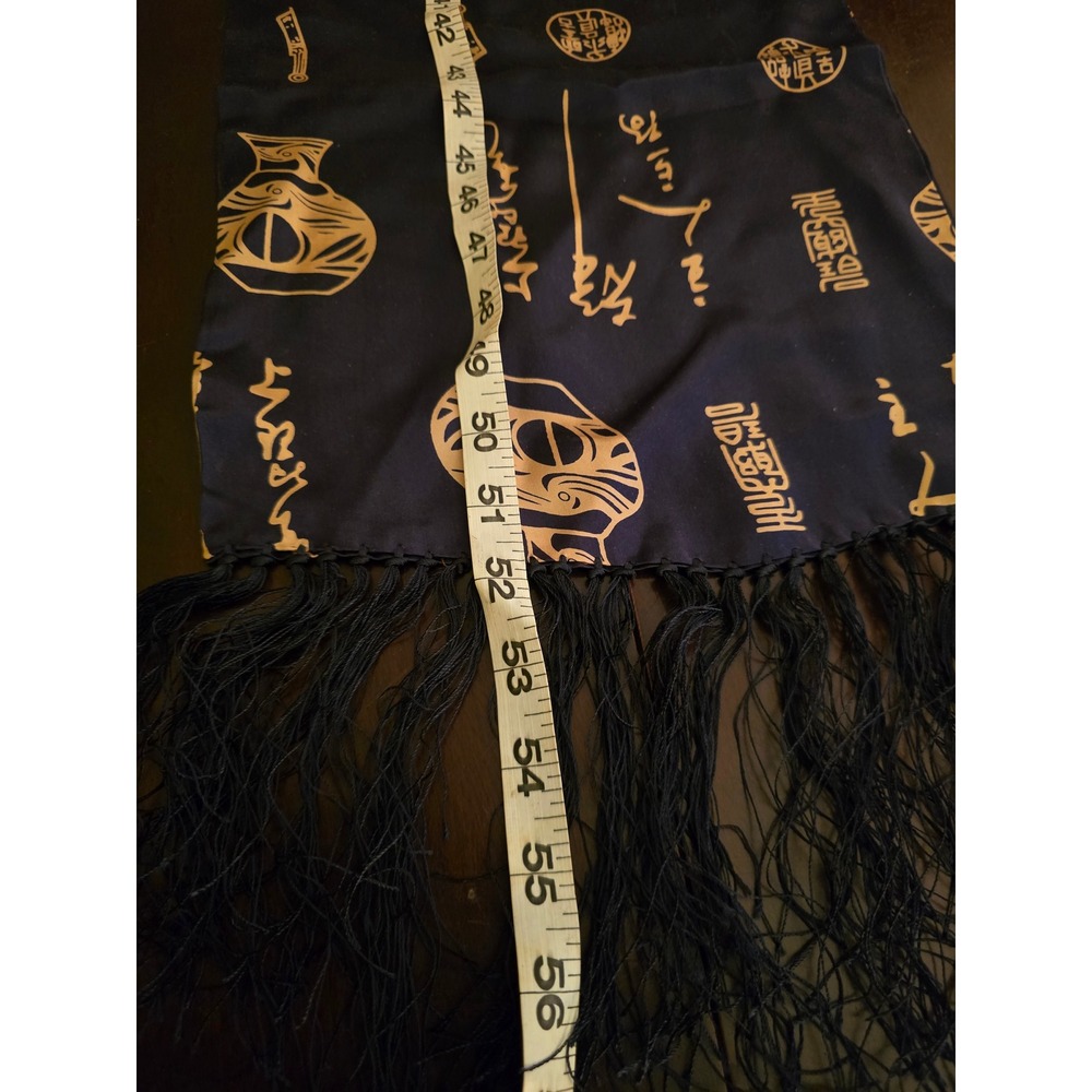 Navy Blue Satin Shawl Scarf with Gold Asian Script and Vase Print Fringe Accent - Picture 5 of 7